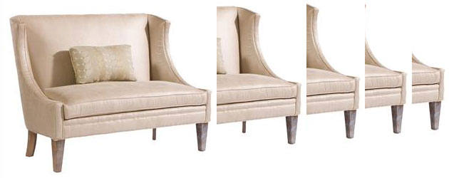 Clayton Marcus displays their Langley Settee in a shimmering neutral fabric.  This piece is the perfect size…if furniture could talk, this accent screams, “CLASS ACT!” Available in lotsa covers.  Make...